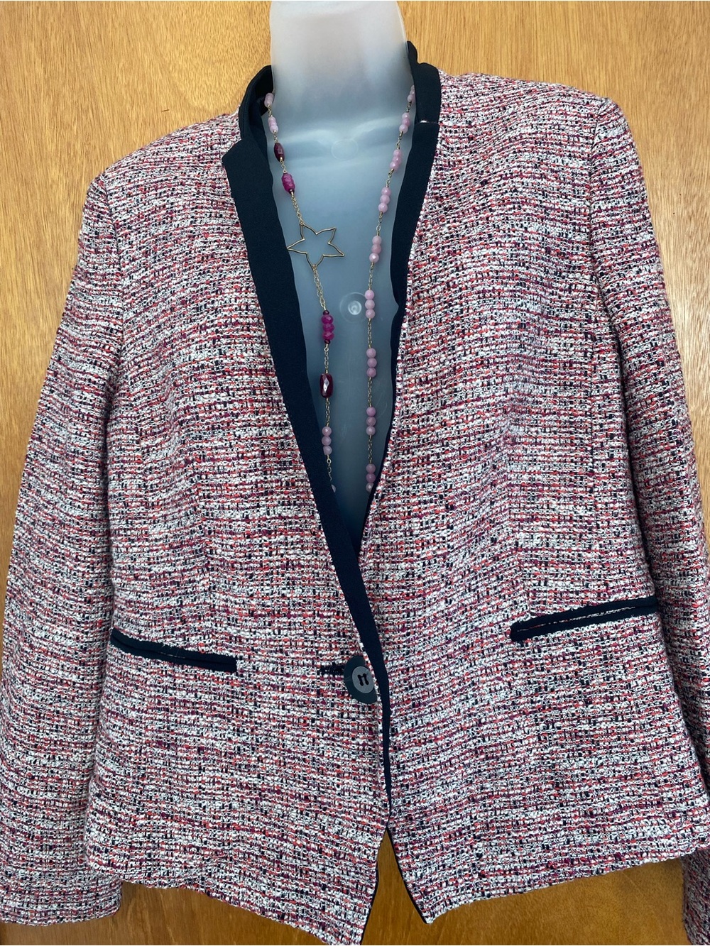Textured Pink Tweed Blazer with Black Trim